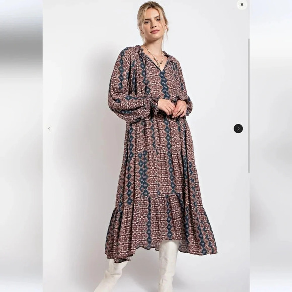 Easel Paisley Printed Long Sleeve Gauze Maxi Dress New - Picture 3 of 6